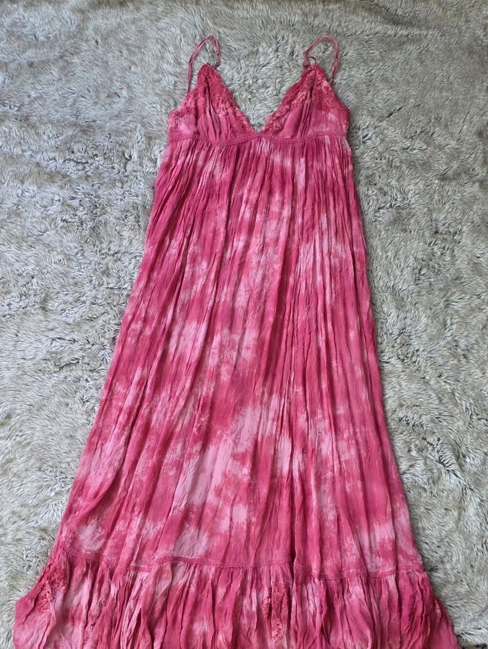 Free People Forever Fuschia Pink Tie-Dye‎ Lace Trim Maxi Dress Women's
